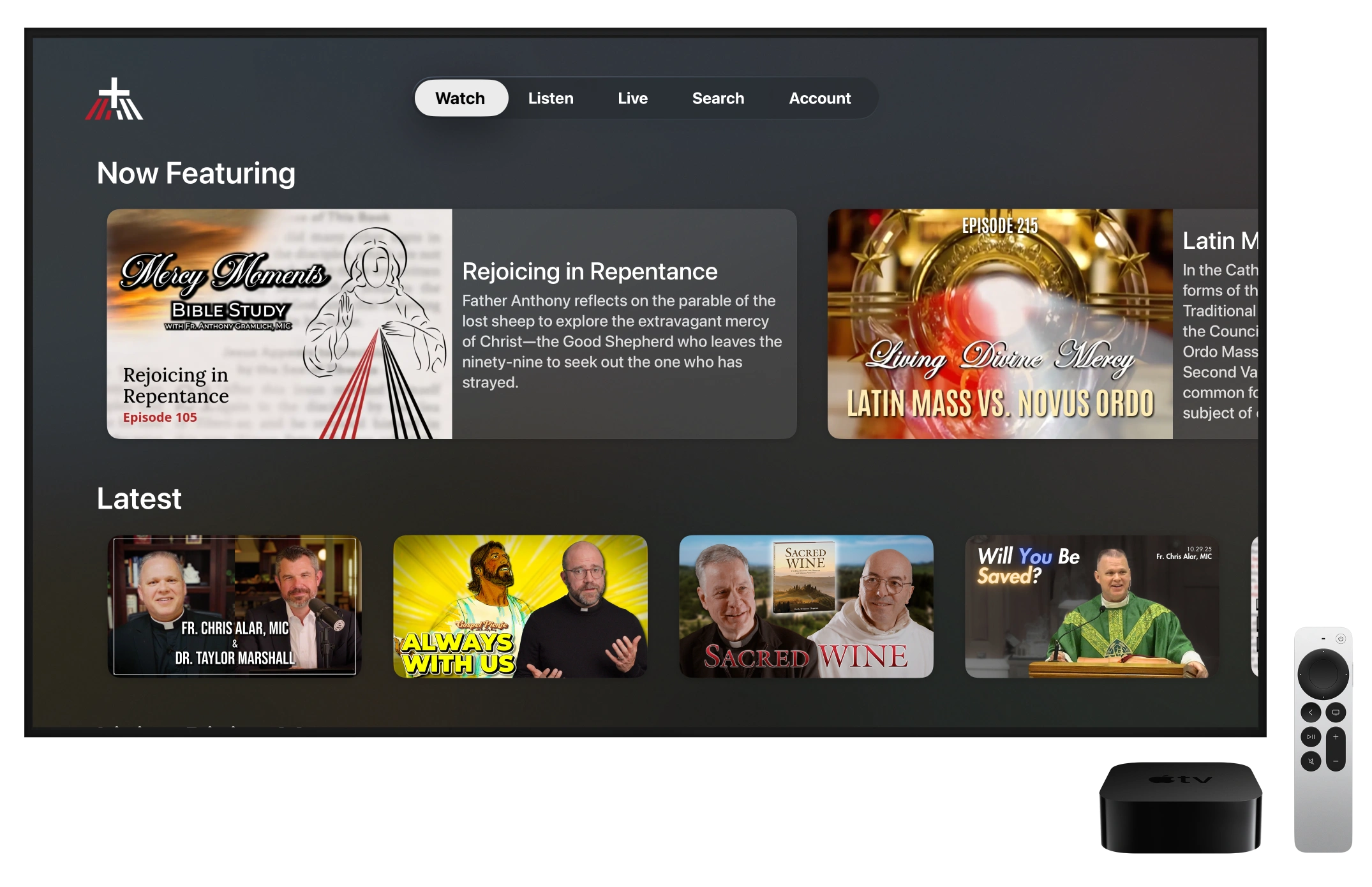 A television displaying the Divine Mercy Plus app.