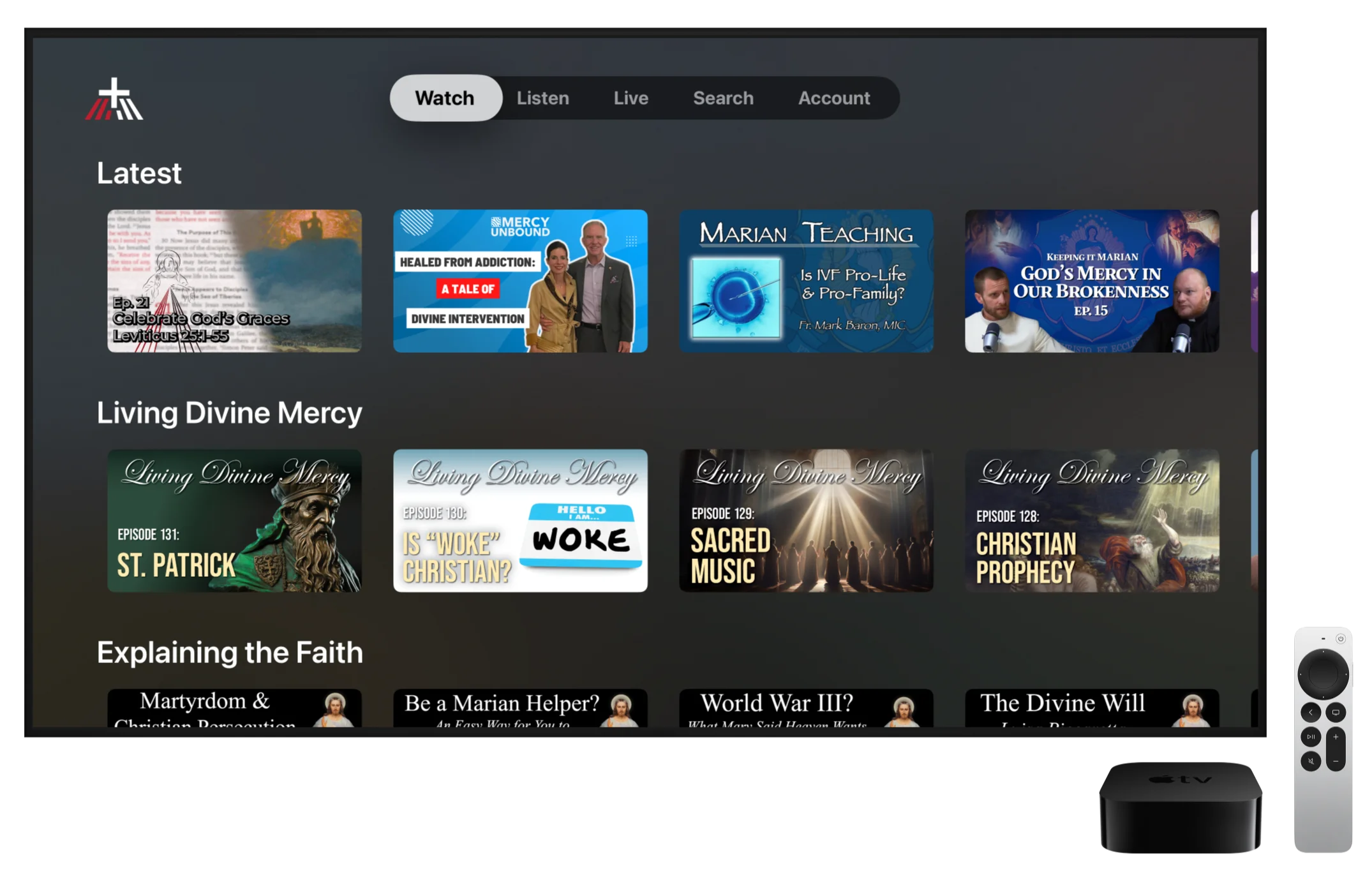 A television displaying the Divine Mercy Plus app.